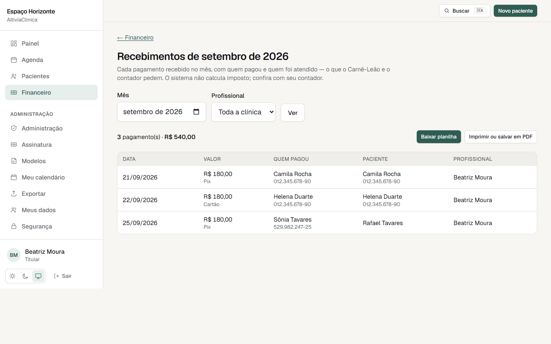 Tela do sistema: recebimentos do mês